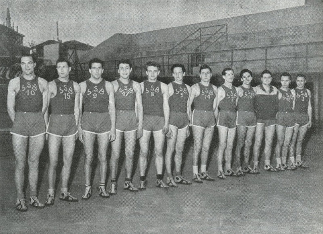 Boletti Olimpia campione d'Italia 1950: Da destra Sforza, Stefanini, Rubini, Fornasier, Pagani, Crivelli, Baruffi, Miliani, Acerbi, Beretta, Pegurri, Sumberaz.